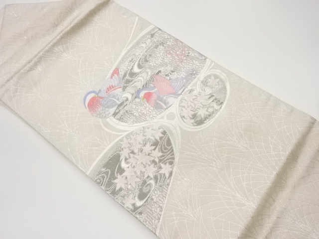 鴛鴦に流水・紅葉・小花模様織出し名古屋帯